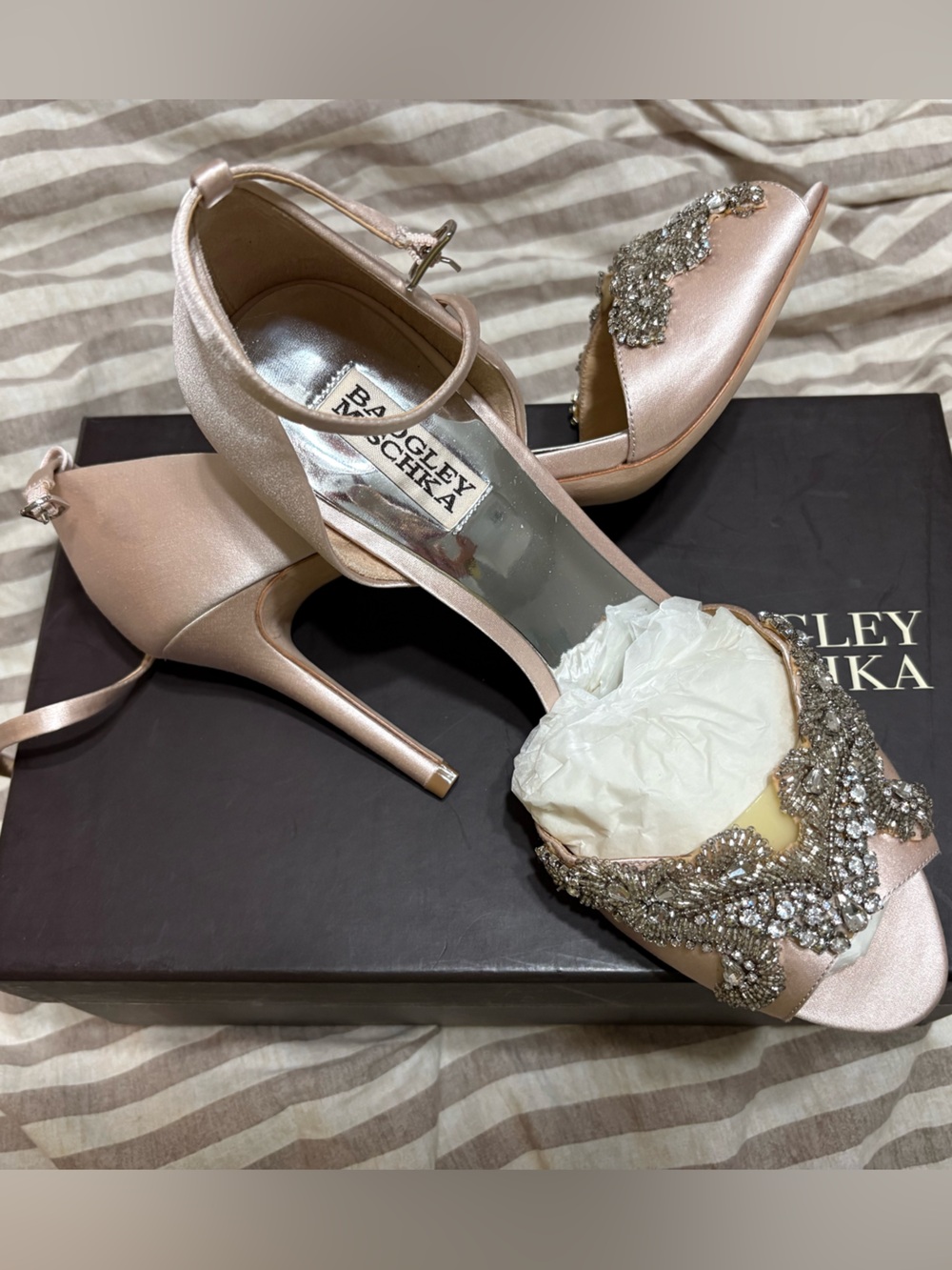 Badgley Mischka Pink Satin Embellished Evening Heels